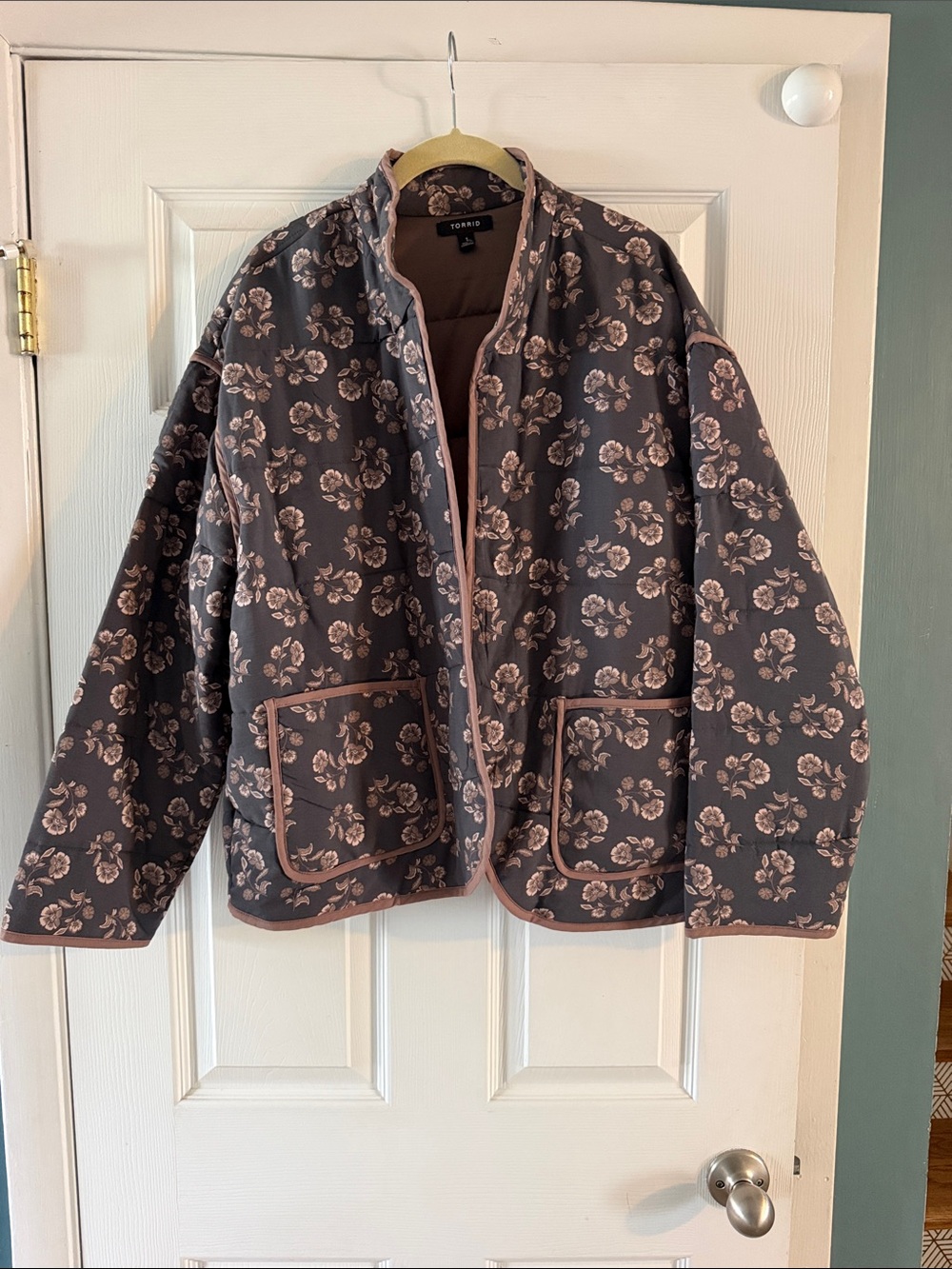 torrid Quilted Floral Bomber Jacket in Mauve and Dusty Pink Trim